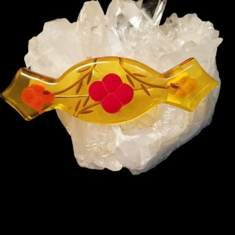 Vintage Reverse Carved Apple Juice Bakelite Brooch Hand Painted